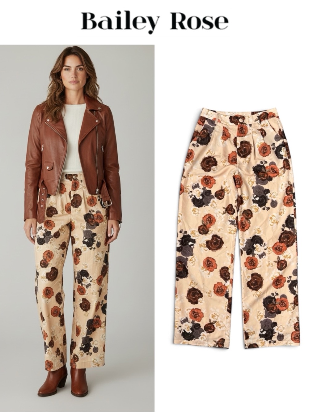 BAILEY ROSE FLORAL HIGH RISE WIDE LEG TROUSER PANTS CREAM BROWN ROSES SIZE MED
